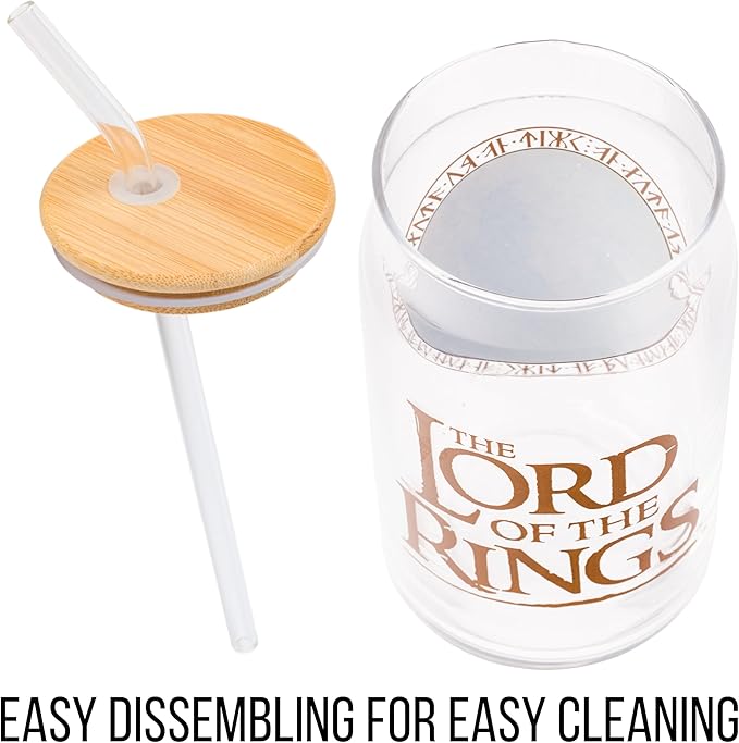Silver Buffalo Lord of the Rings Hobbiton Glass Jar Tumbler with Bamboo Lid and Glass Straw, 16 Ounces