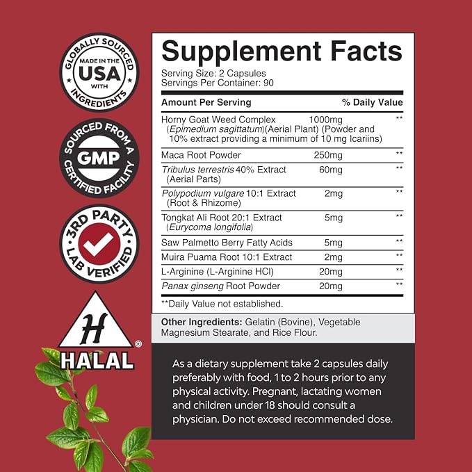 Horny Goat Weed for Men - Extra Strength Male Supplement with Black Maca Root, Tongkat Ali, Saw Palmetto & Panax Ginseng Extract for Stamina & Energy - 180 Count