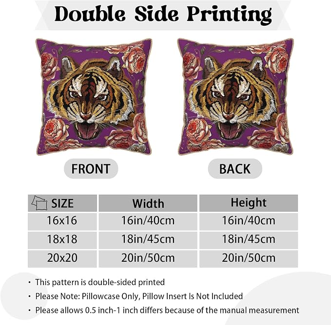 Tiger Flower Purple Velvet Pillow Covers 20x20 Inch Pink Floral Animal Throw Pillows for Couch Cushion Covers Pillowcase Farmhouse Modern Pillow Cases for Sofa Bed Living Room Bedroom