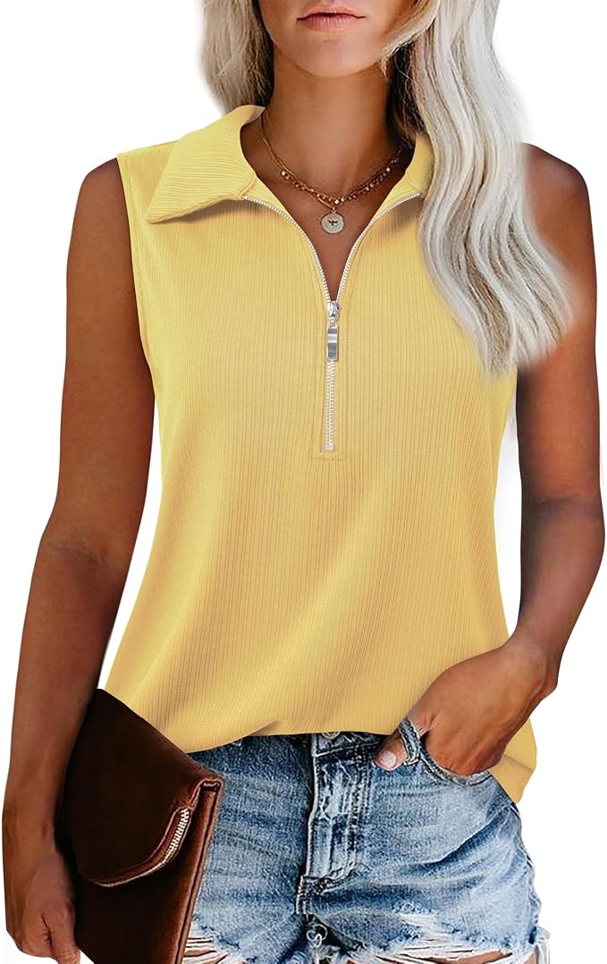 Vivilli Womens Ribbed Tank Top Zipper V Neck Dressy Casual Blouses Sleeveless Camisole Tops Work Tank Polo Shirts