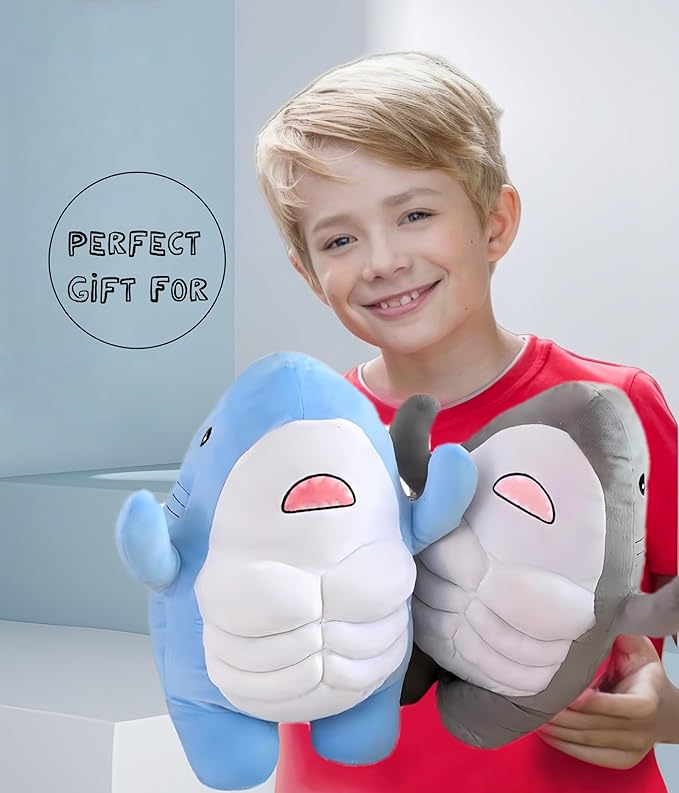 Muscle Shark Stuffed Animal - Cute 3D Muscle Shark Pillow Plush Toy，Gifts for Kids - 13.8inches（Grey）