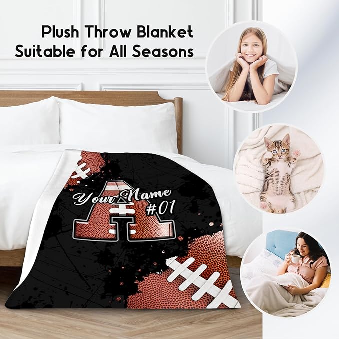 Custom Football Blanket Gifts for Boys - Personalized Initial Sports Blanket with Name - 30x40 Inches Cozy Fleece Throw for Kids - Cool Ideas Decor for Football Players