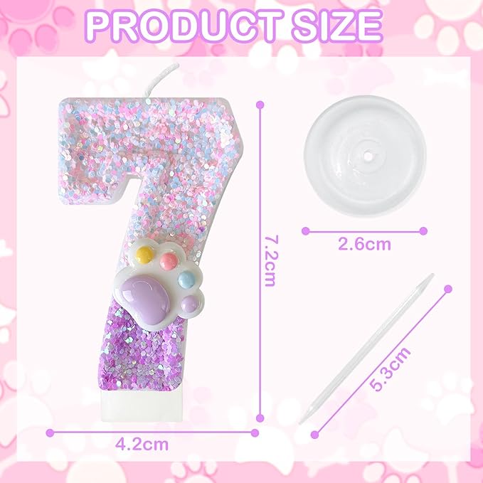 Pink Cat and Dog Paw Birthday Number Candles, Cupcake Decorations, Dog Theme Candles, Suitable for Party Celebrations, Birthday Decoration Supplies (Number 7)