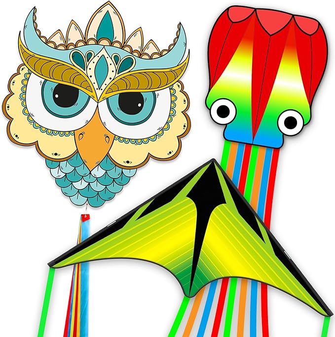 Kites for Kids & Adults,Large Kite for Beginners, Kites for Kids Ages 4-8,Outdoors Activities with Complete Handle, 328ft Kite String & Accessories (Blue Owl,Grassland,Octopus, 3)