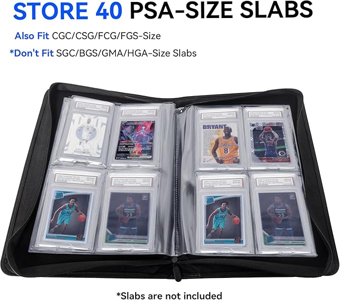 Graded Card Binder, Holds 40 PSA Slabs, 4 Pocket Slab Binder for PSA CGC CSG Slabs, Premium Ringless Zipper Card Collection Album,gray-black