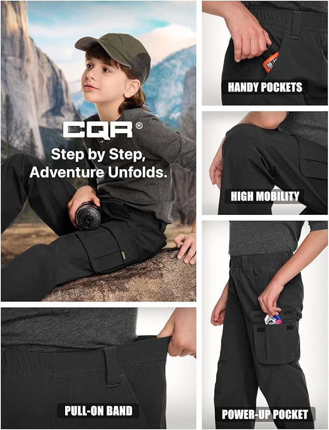 CQR Kids Boy’s Hiking Cargo Pants, Water Resistant UPF 50+ Quick Dry Youth Casual Outdoor Climbing Camping Trousers