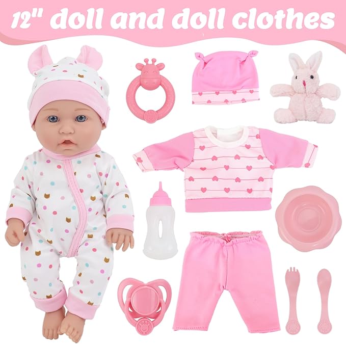 ZITA ELEMENT 12″ Baby Doll Playset with Doll Clothes and Accessories Includes Doll Clothes, Rabbit Toy, Feeding Set for New Born Baby Doll for Toddlers 3 Ages and Up