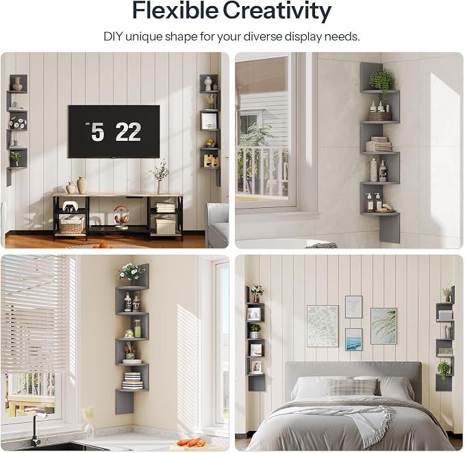HOOBRO Corner Shelf Wall-Mounted, Set of 2 Floating Corner Shelves for Wall, 5-Tier Bookshelves for Wall Decor in Living Room, Bedroom, Home Office, Dove Gray GY26BJP201