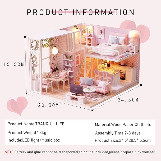 CUTEROOM DIY Miniature House Kit Handmade Wooden Dollhouse - Creative Doll House Kit for Birthday Plus Music Box & LED Light - Tranquil Time