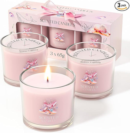 CHILLFLAME Scented Candles Gifts for Women, Candle Gift Set for Her, 3 Pink Ocean Candles, Birthday Gifts for Women/Men (Pink, 7 oz)