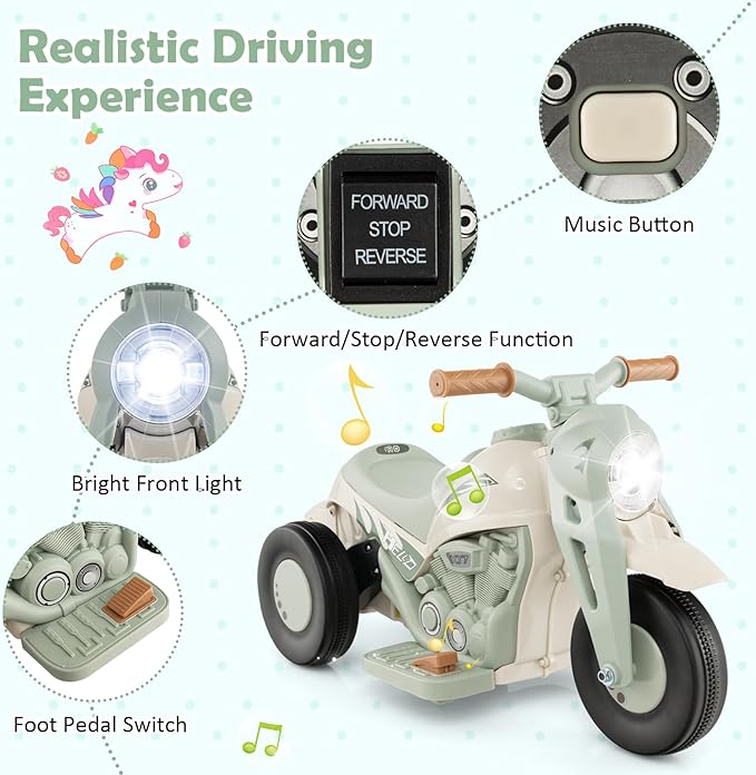 Honey Joy Ride On Motorcycle,6V Toddler Motorcycle with Bubble Maker,LED Light,Music,Foot Pedal,Forward/Backward,3-Wheel Battery Powered Electric Motorcycle for Kids,Gift for Boys Girls (Beige)