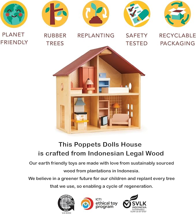 Mentari Toys - Poppets Dollhouse - Fully Furnished Open-Style Wooden Dollhouse with Windows & 4 Rooms - Compact House for Dolls - Great for Imaginative Play, Skill Development & Storytelling - Age 3+