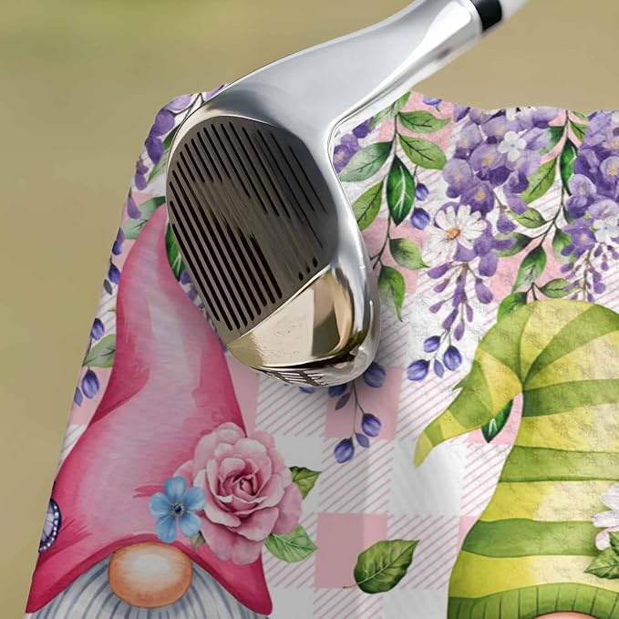 Blue Purple Gnomes Golf Towel with Clip, Spring Hydrangea Flower Leaf Pink Plaid Large Microfiber Women Men Sports Work Out Disc Golf Bag Towel for Yoga, Gym, Fitness, Swimming Towels Accessory
