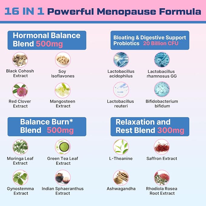 Menopause Supplements for Women Gummies, 16-in-1 Probiotic, Black Cohosh & Ashwagandha for Menopause Relief, Hot Flashes, Hormone Harmony, Mood Swings, Belly Burner* & Gut, Sugar-Free - 60 Gummies