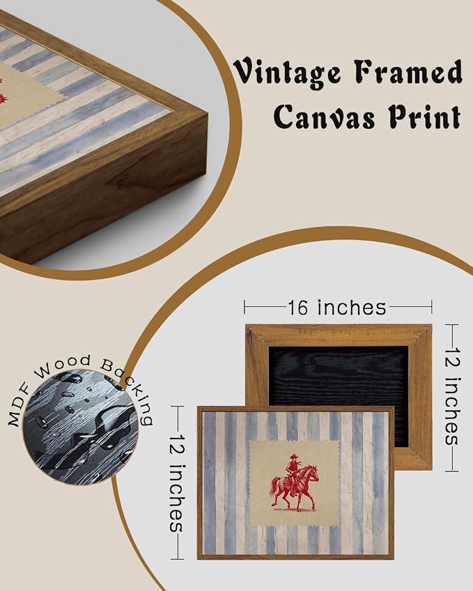 ZZLWBKGL Western Wall Decor Cowboy Canvas Art Vintage Framed Wall Art | Country West Stamp Artwork Mid Century Aesthetic for Living Room Bedroom 12x16in