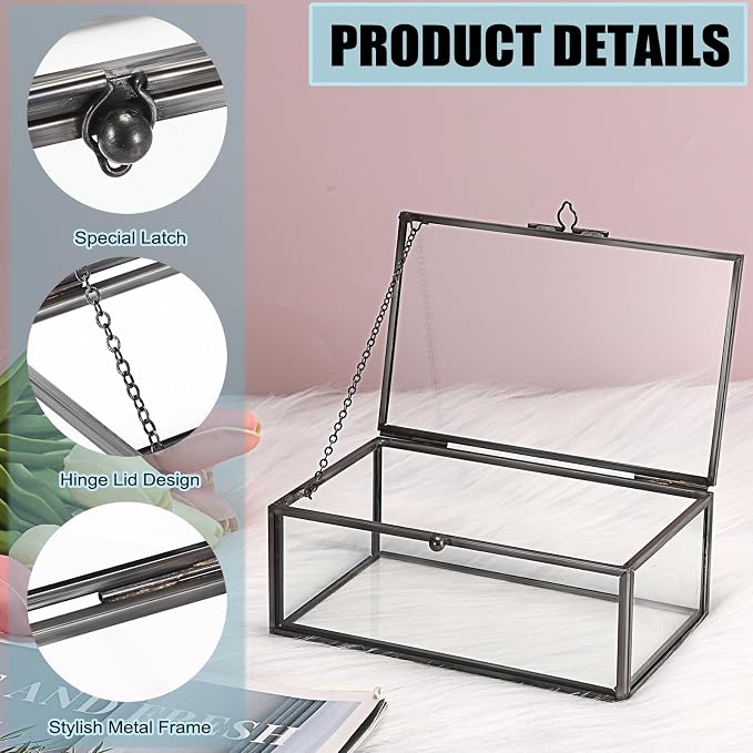 Hipiwe Vintage Glass Keepsake Box Clear Jewelry Display Lidded Box with Lid | Rectangle Glass Box Organizer for Home Decor and Storage of Trinket Rings Bracelet - Black, Small