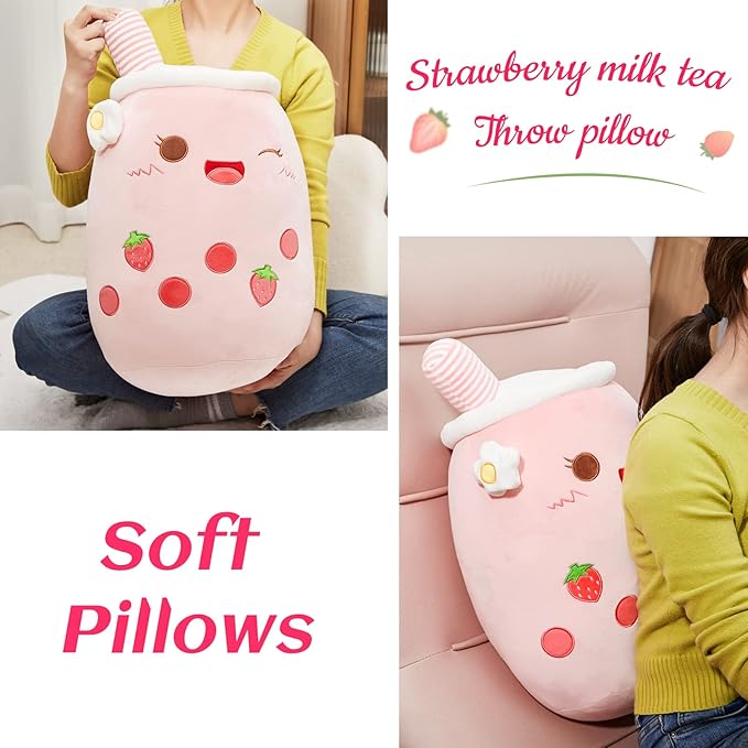 Athoinsu Pink Strawberry Boba Tea Plush Pillow 20'' Giant Kawaii Stuffed Bubble Animal Toy Birthday Christmas Holiday Valentines Gifts for Kids,Girls,Boys