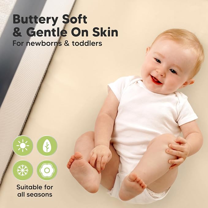 2-Pack Waterproof Pack and Play Sheets, Mini Crib Sheets Fitted for Boy, Girl - 38 x 26 Viscose from Bamboo Pack N Play Mattress Sheets for Graco, Toddler Playard Baby Crib Sheets Neutral (Macadamia)