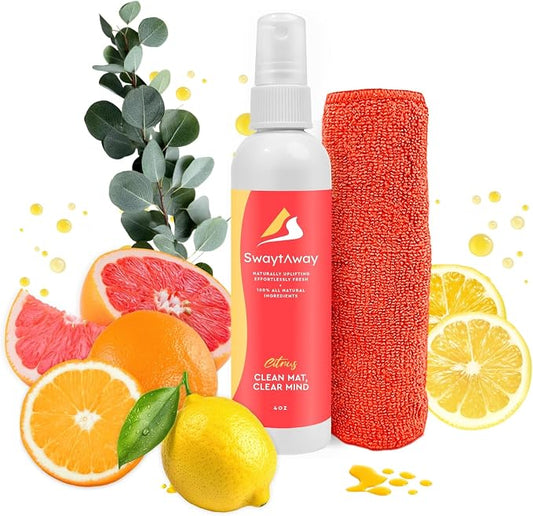 SwaytAway Travel Yoga Mat Cleaner Spray & Towel Kit, 4oz – Non Slip, No Rinse Plant-Based Citrus Essential Oil Mist for Gym, Pilates & Hot Yoga – Made in USA (1 Pack, Citrus)