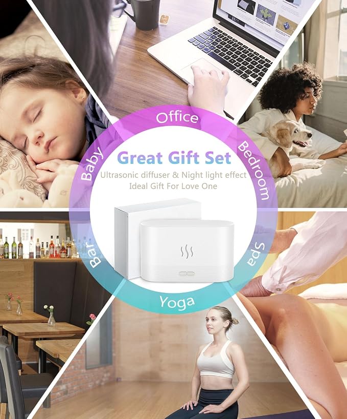 PIZAY Air Humidifier, Essential Oil Diffuser with Led Flame Light - 7 Colors, 180mL Capacity (8 Hours), Noiseless Operation, Auto-Off Protection - Perfect for Home Bedroom Office Gifts(White)