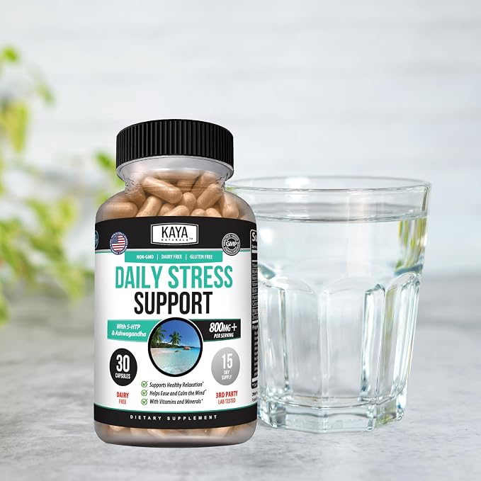 Kaya Naturals - Natural Herbal Stress Relief Support Vitamin Supplement to Relax and Calm the Mind - Boost Mood - Happy Pills - Anxiousness Support - 30 Capsules