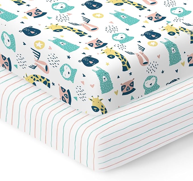 100% Organic Cotton Fitted Sheets Perfectly Compatible with Graco Pack n Play, Babyletto, Pamo Babe, Hiccapop, Dream on Me, Evenflo, Baby Trend Portable/Mini Crib/Playards. 2 Pk