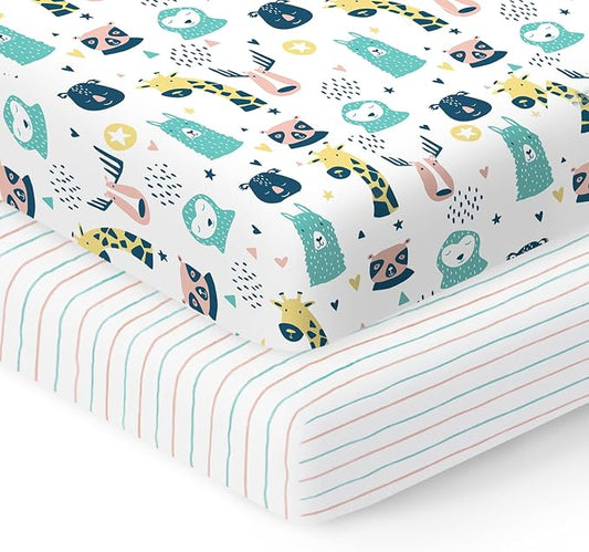 100% Organic Cotton Fitted Sheets Perfectly Compatible with Graco Pack n Play, Babyletto, Pamo Babe, Hiccapop, Dream on Me, Evenflo, Baby Trend Portable/Mini Crib/Playards. 2 Pk