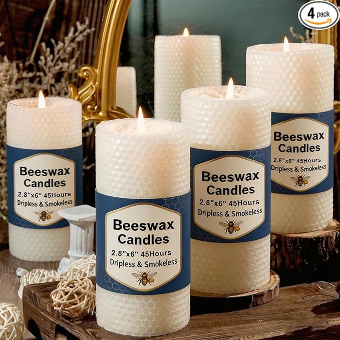 4 Pack Beeswax Pillar Candles, 2.8x6 Inch 180 Hours Hand-Rolled White Large Beeswax Candles, Handmade Pure Bees Wax Honeycomb Bees Wax Candle for Prayer, Unscented Candles