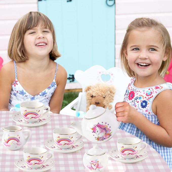 TUZT Porcelain Tea Party Set for Little Girls Kids Toddlers, 13Pcs Unicorn Tea Set - Teapot & Cup & Saucer & Suitcase,Pretend Play Toys Kitchen Set - Christmas Birthday Gift for Girls