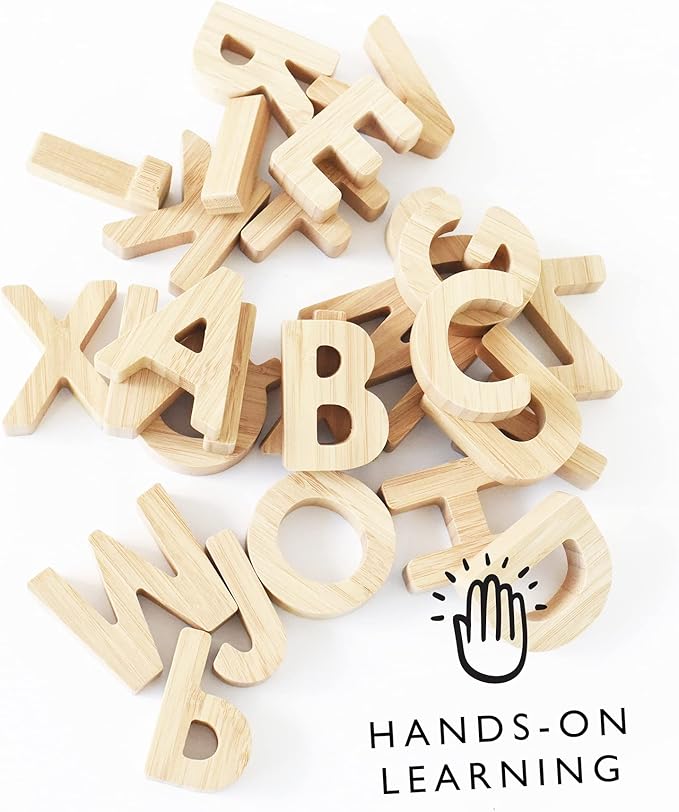 Wee Gallery Bamboo Alphabet, Natural Wood Blocks, Sensory Learning Toy, Wooden Alphabet Toys, 26 Large Letters for Toddler, Preschool Age Kids, Boy or Girl, Learn to Read, Trace, and Sort Pieces