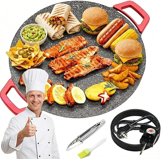 Generic 1500W Electric Korean BBQ Grill, 16 Inch Smokeless Non-Stick Electric Comal, Multifunctional Comal Electrico for Indoor Tortilla Cooking & Grilling, with Oil Brush & Food Tongs. (36cm)