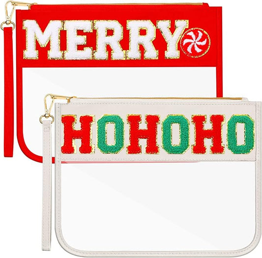 Remerry 2 Pcs Halloween Christmas Chenille Letter Clear Pouch Candy Treat Snack Goodie Bag PVC Makeup Cosmetic Bag Waterproof Preppy Purse Gifts for Women Girls(Red Merry & White Hohoho Set)