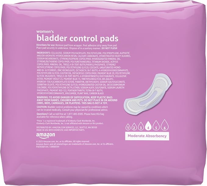 Amazon Basics Incontinence Pads for Women, Postpartum, Long, Bladder Control, Moderate Absorbency, Unscented, 108 Count (2 Packs of 54)