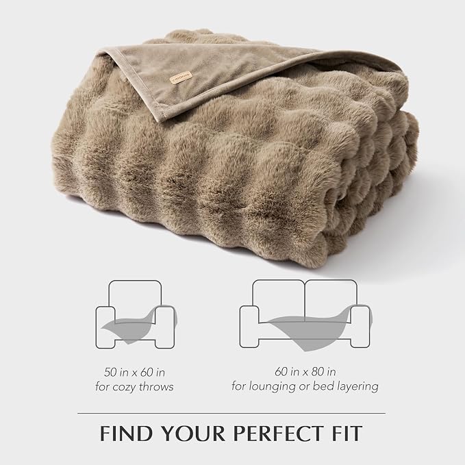 Faux Rabbit Fur Bubble Throw Blanket, 50"x60", Greige | Ultra Soft, Luxury Faux Rabbit Fur Throw, Thick Warm Bubble Blanket, Cozy Fluffy Reversible, for Bed, Couch, Chair, Sofa