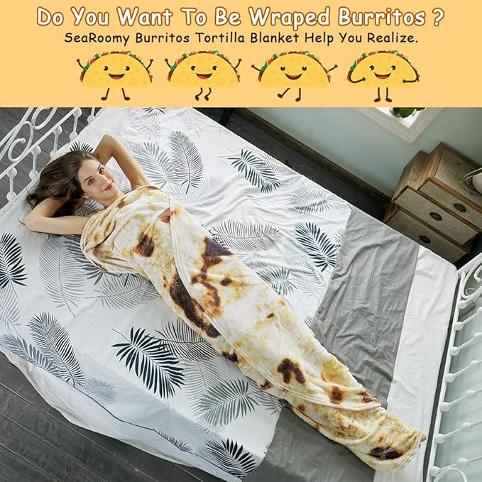 SeaRoomy 80 in Burrito Tortilla Blanket, Funny Oversized Blanket, Brown | Novelty White Elephant Christmas Birthday Gifts, Gag Gifts for Adult Women Men, Soft & Warm Fluffy Flannel, Double Sided