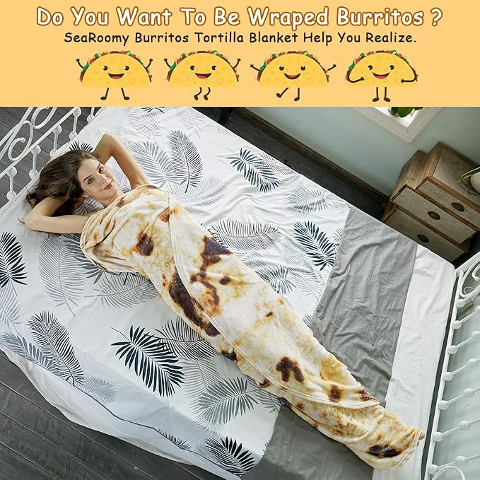 SeaRoomy 60 in Burrito Tortilla Blanket, Funny Food Throw Blanket, Brown | White Elephant Gifts, Gag Gifts For Teen Boys & Girls, Novelty Christmas Birthday Presents, Double Sided, Soft Flannel