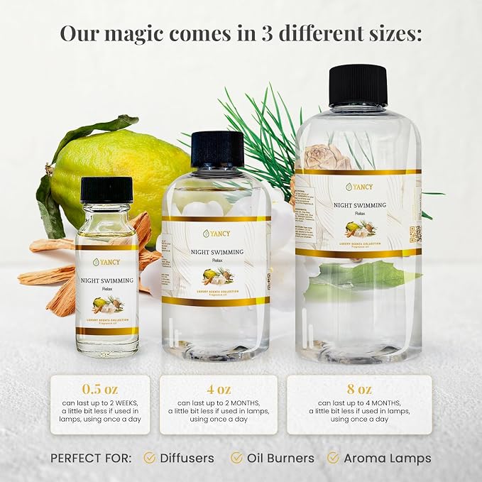 YANCY Night Swimming Luxury Collection Fragrance Oil (4 oz), Fresh Marine and Floral Scent, Soothing Aroma for Diffusers, Oil Burners & Aroma Lamps, Ideal for Nighttime Relaxation