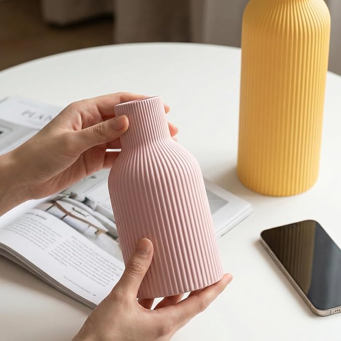 Colorful Ceramic Vases Set of 3, Matte Round Vertical Ribbed,Minimalist for Pampas Dried & Fresh Flowers, Centerpiece for Living Room, Shelf, Entryway, Wedding (Pink, Blue, Yellow)