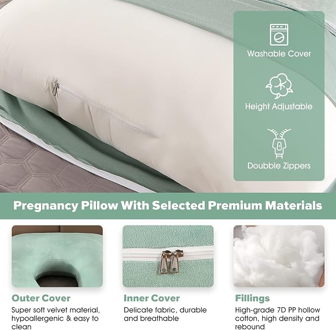 U-Shaped Full Body Pregnancy Pillow for Sleeping – 57" Maternity Pillow with Removable Cover, Support for Back, Legs, Belly & Hips (Velvet-Green)