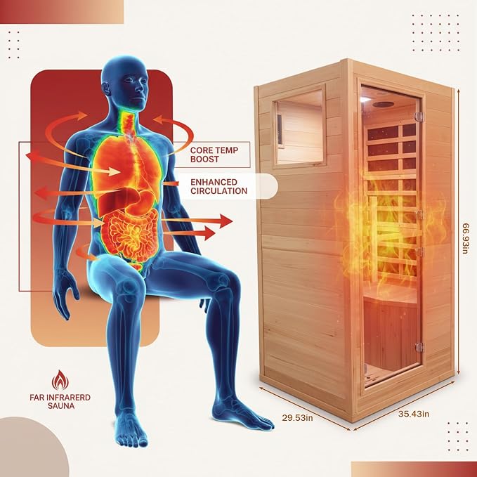 1 Person Low EMF Far Infrared Sauna, Natural Spruce Wood Compact Home Sauna, 1200W 110V, Bluetooth & Reading Light, 6mm Tempered Glass, Small Space Personal Sauna
