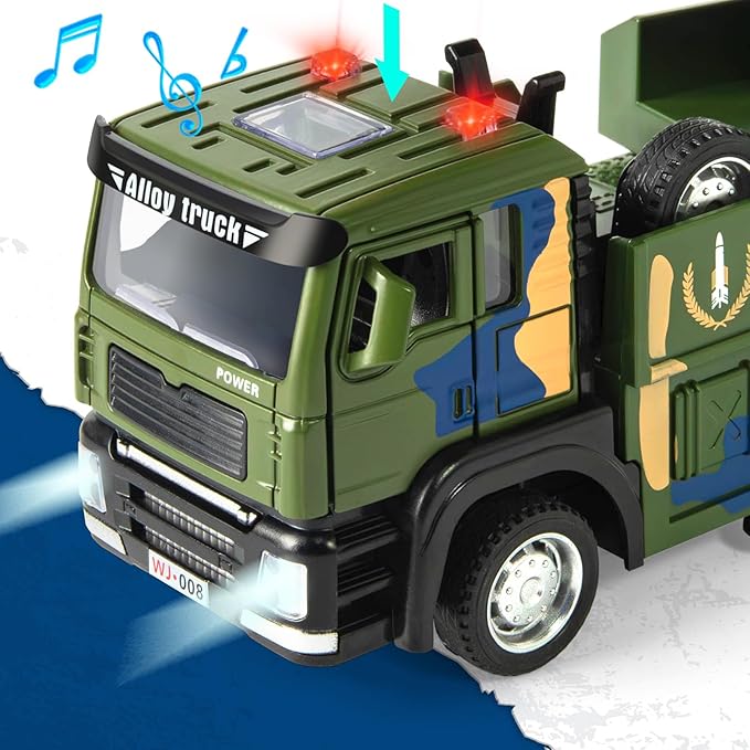 Army Truck Toy, Military Vehicle Toy with 9 Missile Launcher Alloy Cab, Die-cast Army Toy with Lights & Sounds, Birthday Party Gift for 3 4 5 6 Years Old Boys and Girls