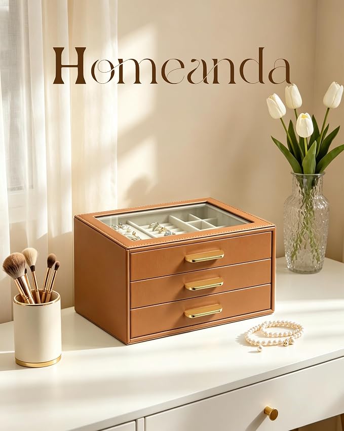 Homeanda Jewelry Boxes Organizer with Glass Lid, 3-Layer PU Leather, Brown | Modern style display case with 3 drawers for daily jewelry, women, mom or girl gift