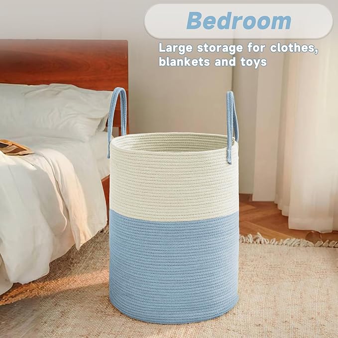 JMvicyroam 100L Cotton Rope Laundry Basket Hamper, White and Blue | Collapsible laundry basket, reinforced handles, freestanding, machine washable, holds 3-5 thick blankets, clothes or toys