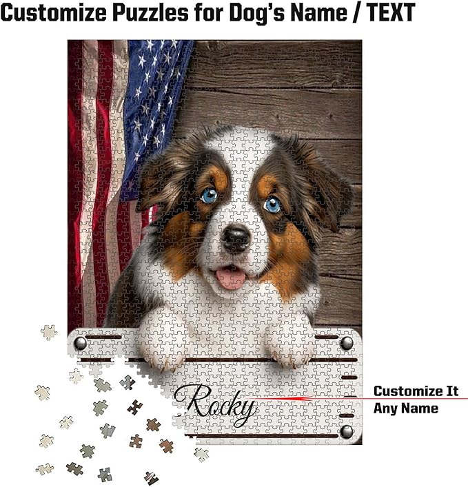 Custom Wooden Jigsaw Puzzles with Your Dog's Name on Miniature American Shepherd Art Print - 300 500 1000PCS Puzzles Game and Home Wall Decor