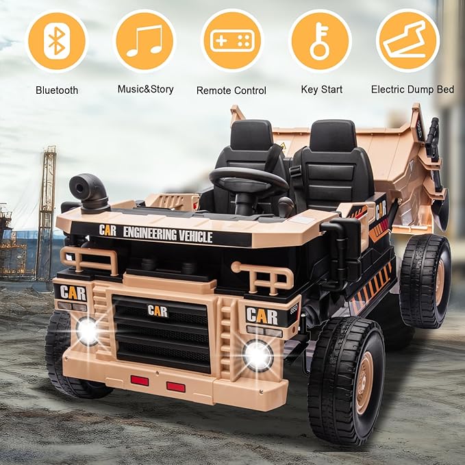 POSTACK 24 Volt Ride on Car with Remote Control, Ride on Construction Vehicle 4 Powerful Motors,20" Spacious 2 Seater Ride On Toddler Car Side by Side with Electric Dump Bed, Khaki