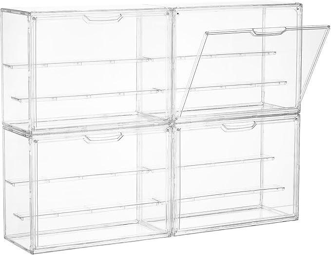 Vtopmart 4 Pack Acrylic Display Case, Stackable Figure Display Case with Magnetic Door & Adjustable Shelves, Clear Collectibles Showcase for Action Figures, Miniatures, Models