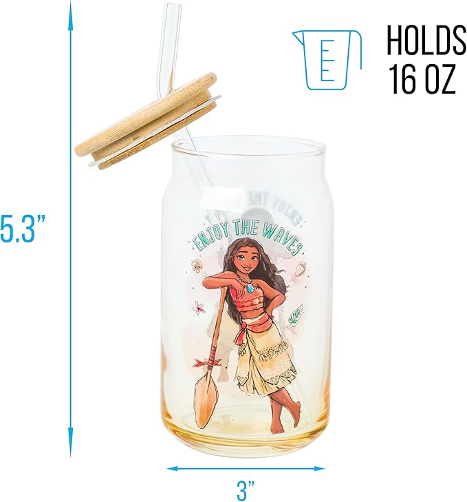 Silver Buffalo Disney Moana “Enjoy The Waves” Glass Tumbler with Bamboo Lid and Glass Straw, 16 Ounces
