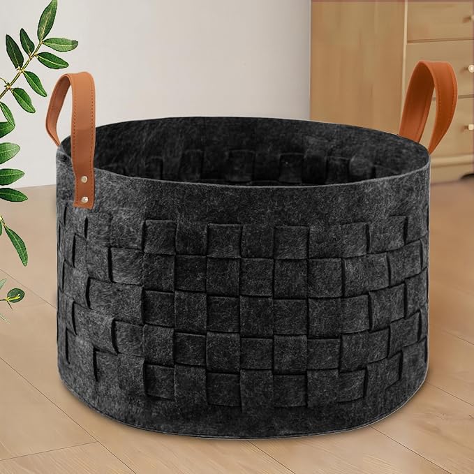 Laundry Basket 20 " x20 x11.8 , Large Round Blanket Basket with Leather Handle, Felt Storage Basket for Living Room, Nursery, Dog Toys-Dark Gray