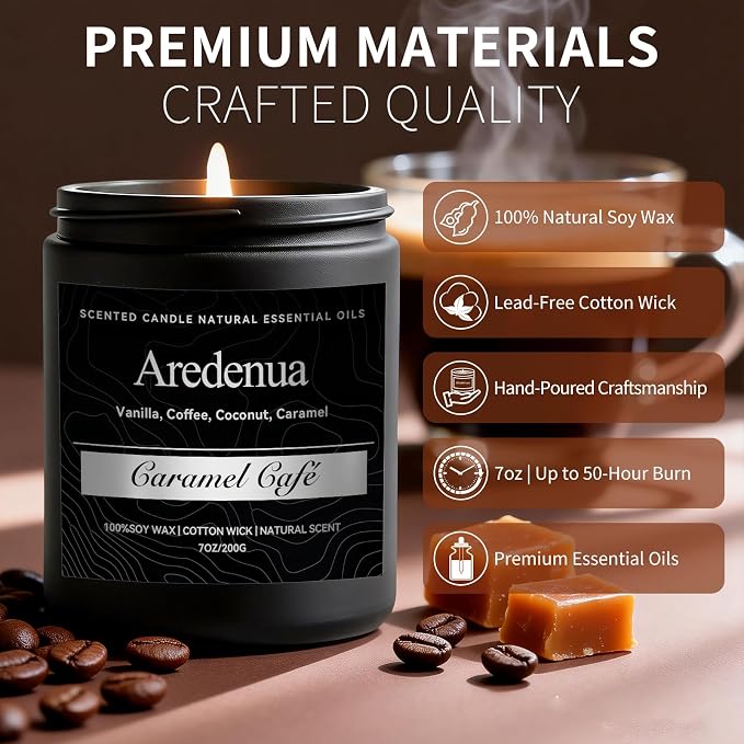 Caramel Coffee Candle | Men Scented Candles for Home, Cafe Candles Gifts for Women Men - 7oz Soy Candle for Home Scented - Aromatherapy Gifts for Men - 50 Hours Long Burning