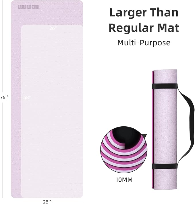 10mm0.4"TPE Yoga Mat Thick Wide Large for Home Workout Carrying Strap | Non Slip Exercise Mats Cushioned Joint-Friendly Stable,76"x28"Extra long Tapis Entrainement Au Sol Fitness,Pilates Gym Travel